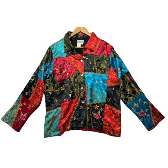 Coldwater Creek Satin Patchwork Jacket Asian Floral Art to Wear Top Womens L Vtg - Picture 1 of 6